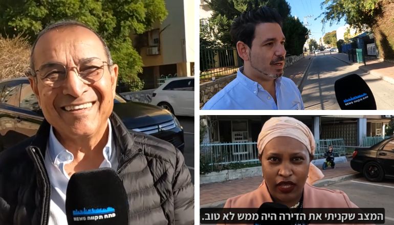 משמאל: יגאל ינאי מ"חג'ג'-צים". מימין למטה: זיה מהרט, דיירת. ימין למעלה: עו"ד הדיירים שי פרטוש