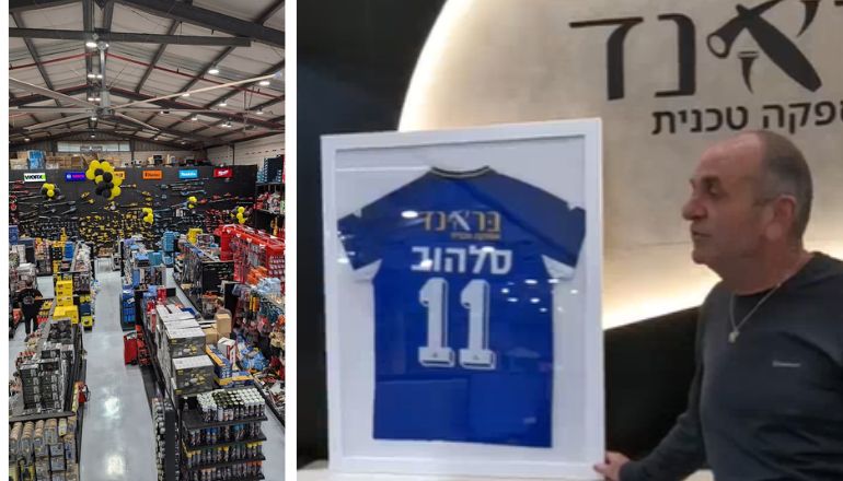 ציון סלהוב מימין עם חולצת הפועל פתח תקווה ממוסגרת במשרד. משמאל - החנות